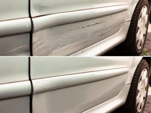 Before and after comparison of dented cars door showing scratch removal and restored smooth surface.